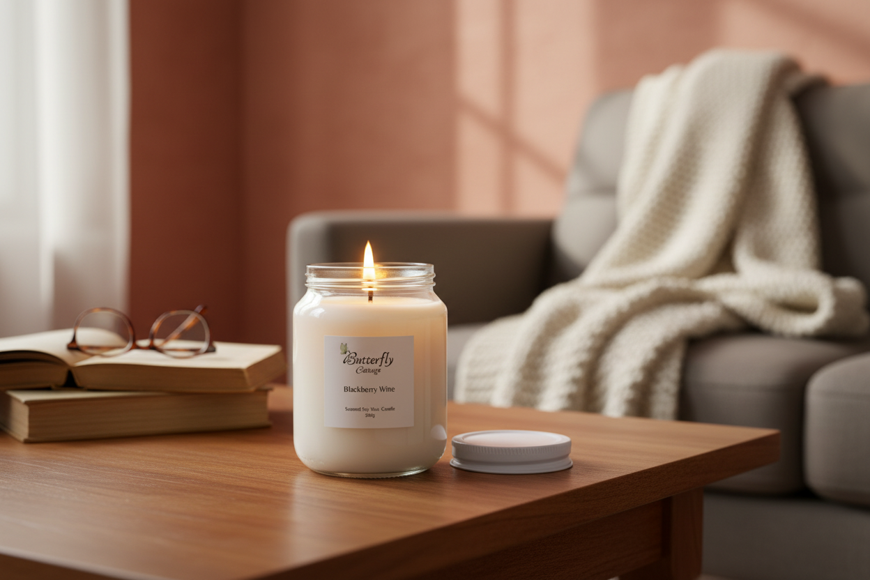 Blackberry Wine Jar Candle in cozy home setting