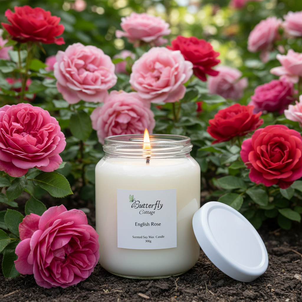 English Rose Jar Candle in rose garden