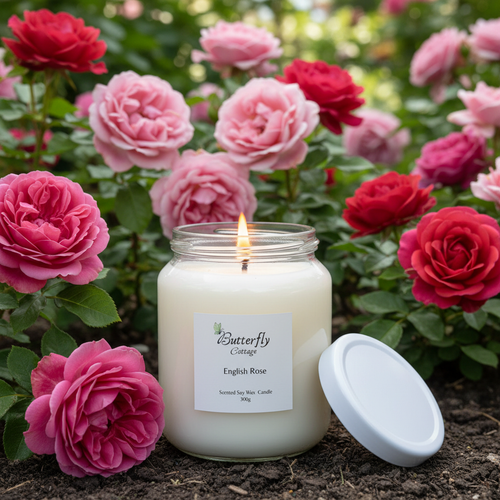 English Rose Jar Candle in rose garden