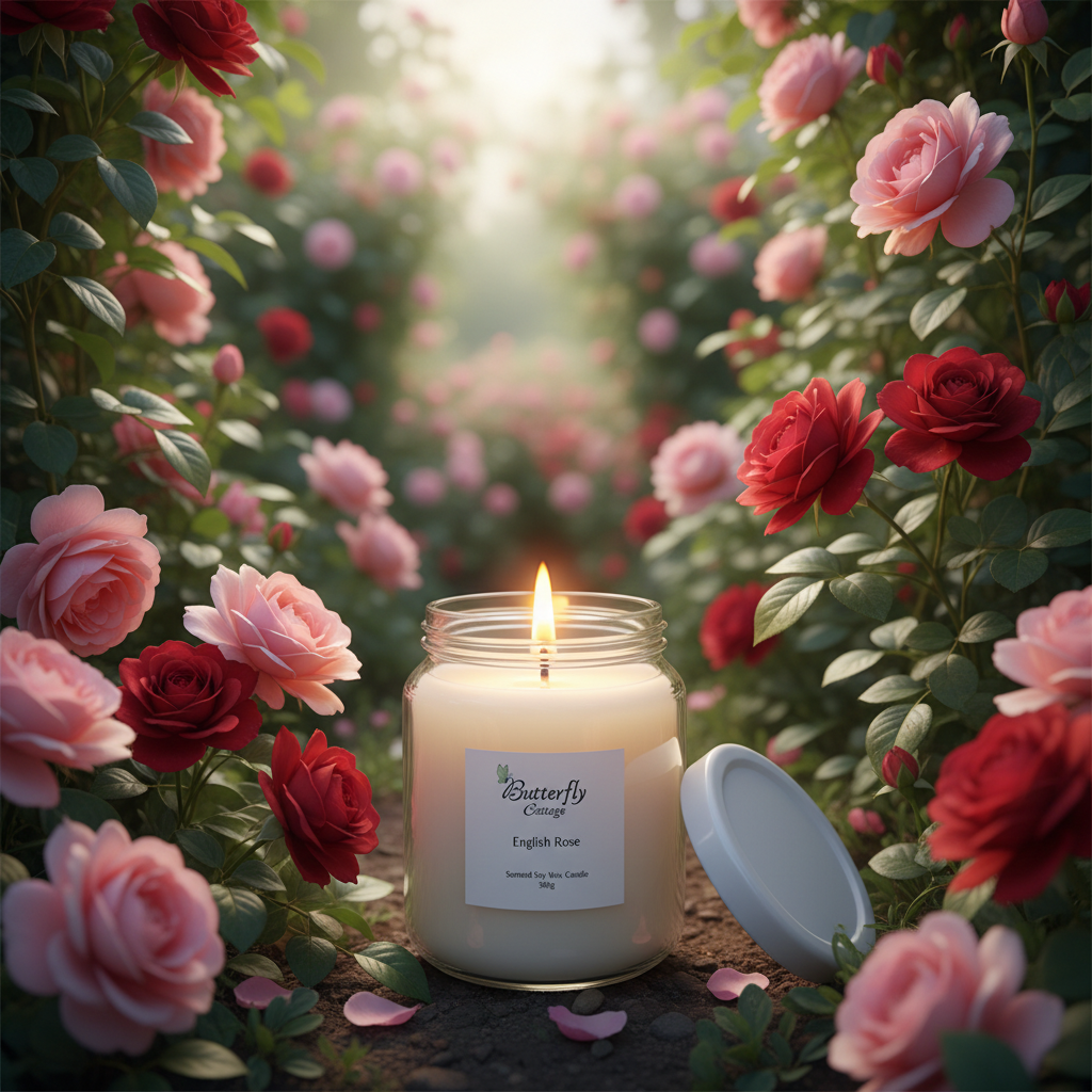 English Rose Jar Candle lit in rose garden