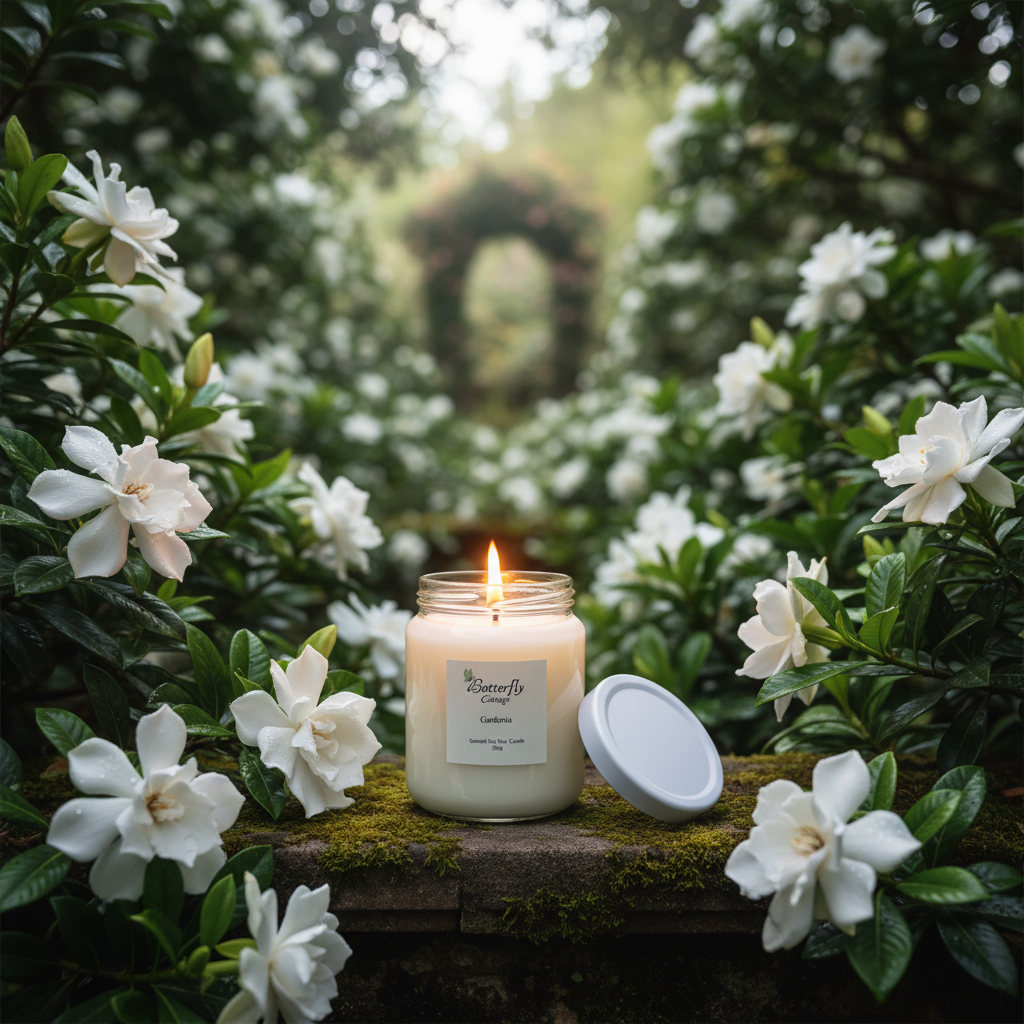 Gardenia Jar Candle in garden with actual product jar