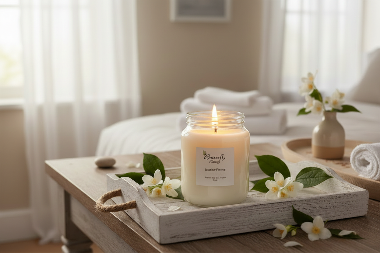 Jasmine Flower Jar Candle in elegant home setting without towels