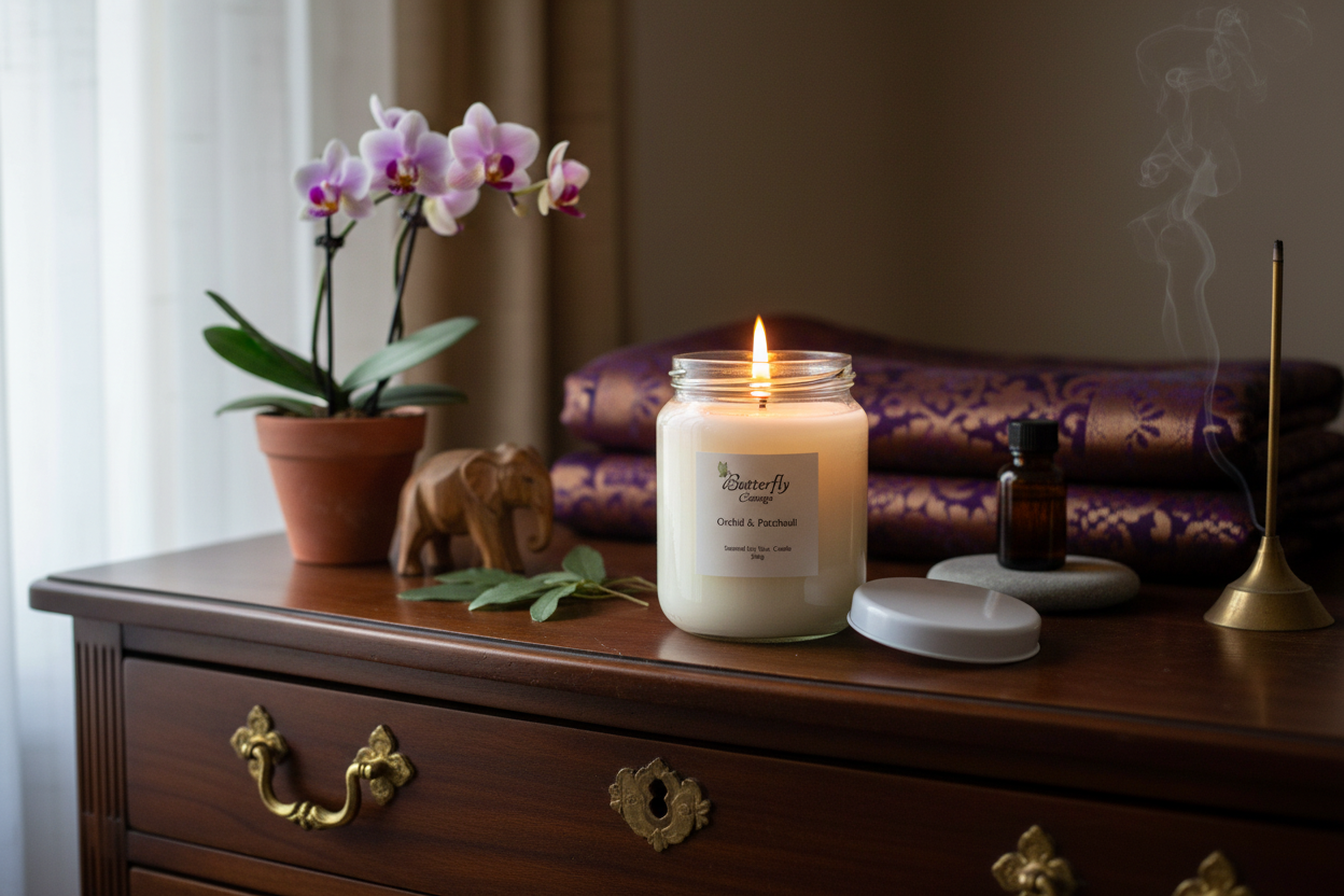 Orchid & Patchouli Jar Candle in luxurious home setting