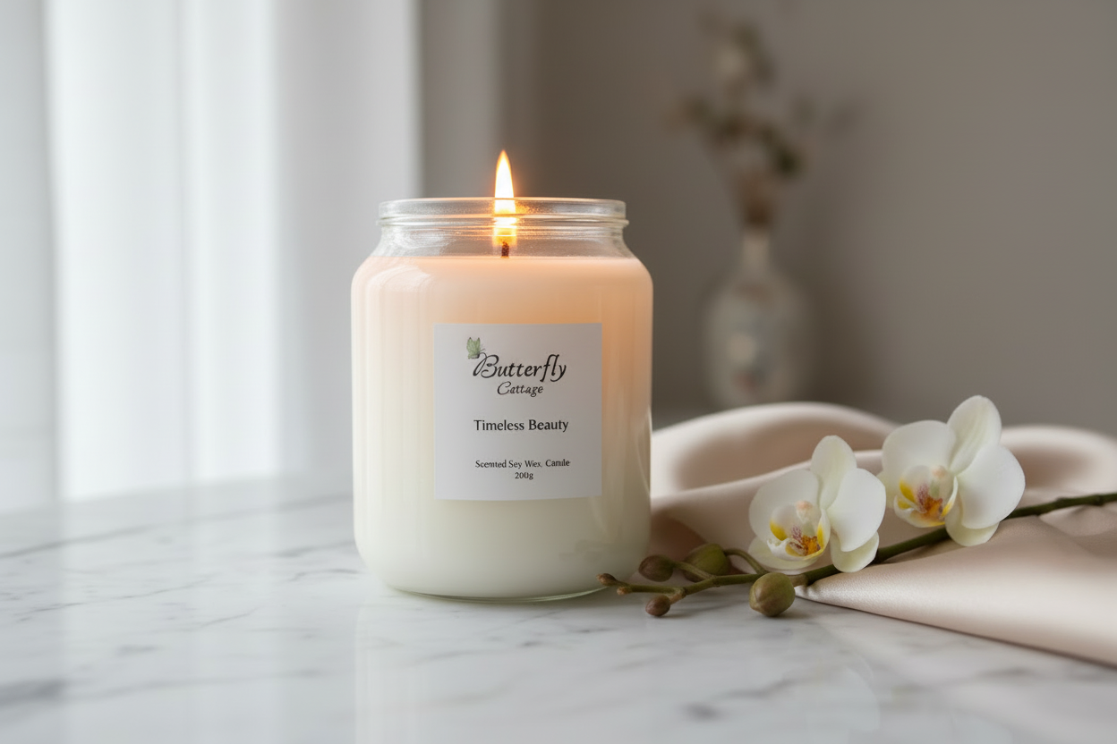 Timeless Beauty Jar Candle lit without lid