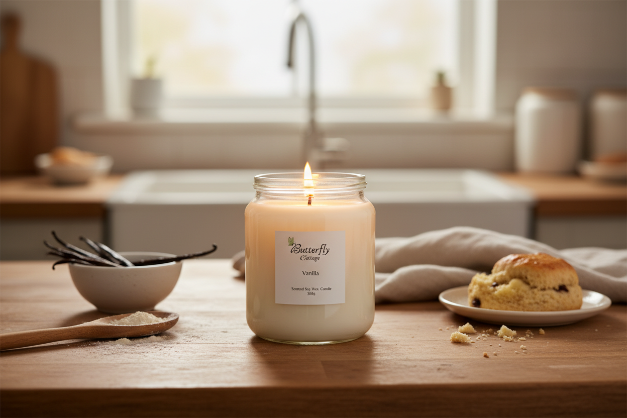 Vanilla Jar Candle in cozy home setting