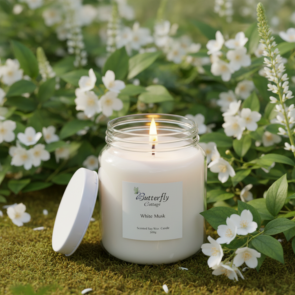 White Musk Jar Candle lit in white musk garden